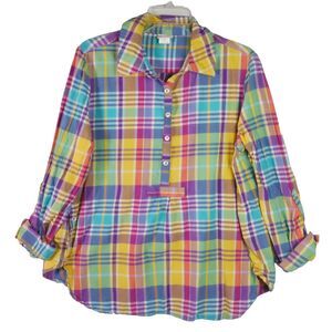 American Sweetheart Women Sz L Shirt Colorful Cotton Plaid Long Sleeve Pullover